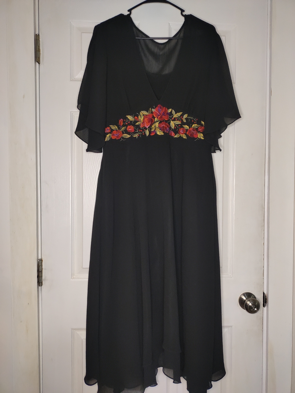 Vintage Black Maxi Dress with Red Floral Embroidery